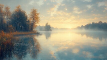 Fototapeta premium Serene autumn sunrise, misty lake, tree reflections.