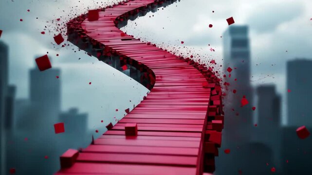 Escalier rouge courb&eacute; montant vers le haut avec des particules autour. Curved red staircase rising to the top with particles around it.