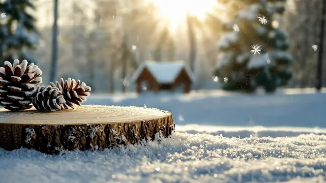 Sc&egrave;ne d'hiver d'un tronc coup&eacute; et des pommes de pins sous la neige. Winter scene of a cut log and pine cones under the snow. 