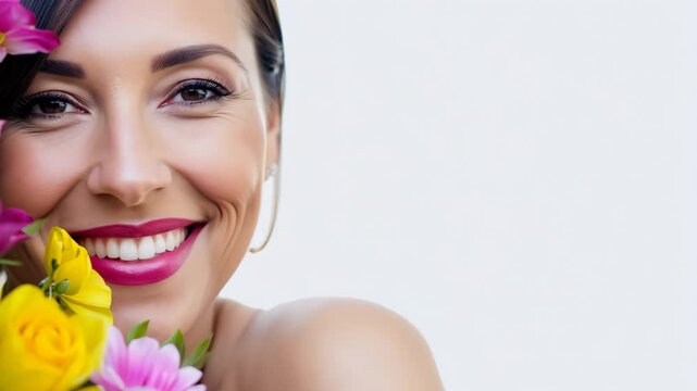 Femme avec un bouquet de fleurs color&eacute;es sur fond blanc. Woman with a bouquet of colorful flowers on a white background.