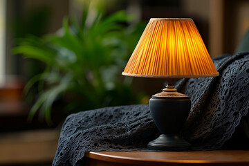 A lamp sitting on top of a table next to a plant