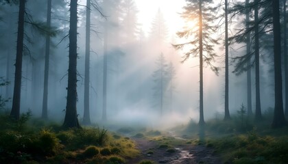 Enchanted Forest Scene with Mysterious Foggy Atmosphere and Golden Sunbeams Between Pine Trees