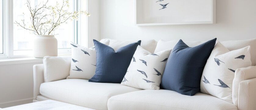 Living room with a white sofa and a window on the left side. on the sofa, there are four throw pillows in different colors - blue, white, and beige.