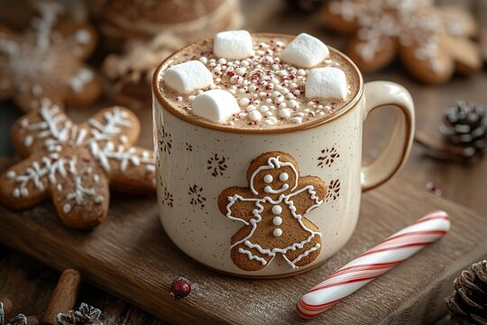 Gingerbread man cookie in cup of hot cocoa or coffee with marshmallow, fir tree, gifts and warm cozy sweater. Christmas greeting card, lights background. Xmas holiday decorations with copy space