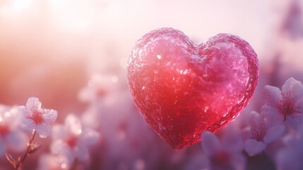 Fototapeta premium Pink Crystal Heart Amidst Delicate Spring Blossoms