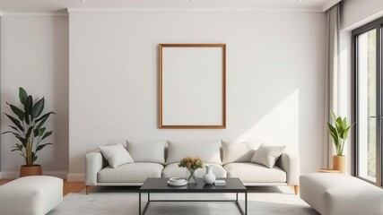 A modern living room setting featuring a mockup of wall art in a stylish frame, mockup, artwork