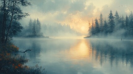 Fototapeta premium Misty sunrise over tranquil lake, forested shores.