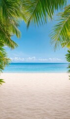 Tranquil Tropical Beach Scene with Palms and Clear Blue Sky by Serene Ocean Waters