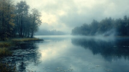 Misty river, autumn trees, tranquil reflection.