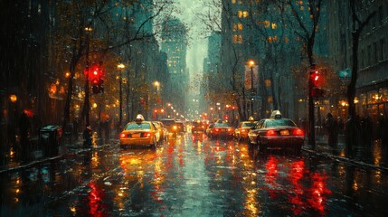 Rainy city street, yellow cabs, reflected lights.