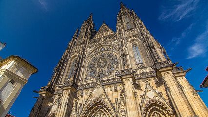 St. Vitus Cathedral timelapse hyperlapse in Prague surrounded by tourists.
