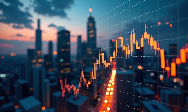 Financial district cityscape stock market chart overlay candlestick