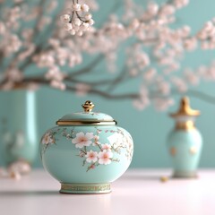 a vase with a lid and a flower on it