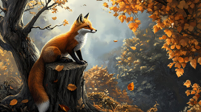 A fox perched on a stumped tree, adjacent to a leaf-hearted arboreal companion. Arboreal. Illustration