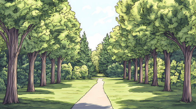 A shaded path through the trees creates a sense of seclusion, secluded walkway, arboreal shelter, tree lined path. Arboreal. Illustration