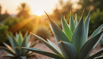 Fototapeta premium Agave plants in desert garden with golden sunset light.