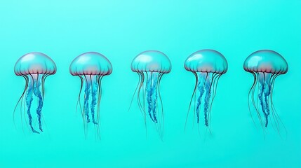   A cluster of jellyfish bobbing atop azure ocean water beside another swarm of jellyfish