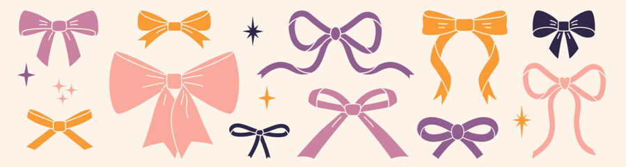 Beautiful pastel ribbon bow set, decorative bowknot for gift packaging. Coquette and balletcore aesthetic, girly accessory. Trendy modern vector illustration, flat design