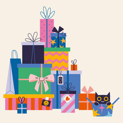 Mountain, pile of gifts. Festive, Christmas or Birthday presents package. Boxes and bags with decorations like ribbons and bows, wrapping. Trendy modern isolated vector illustration, hand drawn, flat