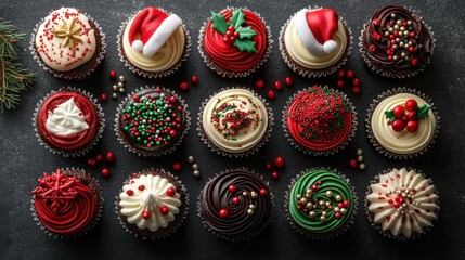 Fototapeta premium Vibrant closeup of festive Christmas cupcakes on slate surface