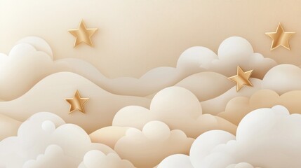 Illustration of a group of white clouds with five golden stars scattered throughout. the clouds are arranged in a way that they are overlapping each other, creating a sense of depth and dimension.