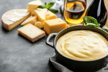 gourmet cooking cityscape, a pot of creamy cheddar cheese sauce amidst cheese blocks and a wine bottle in a contemporary kitchen