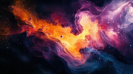 Abstract representation of galaxies colliding, with dynamic colors and shapes blending together in cosmic chaos.