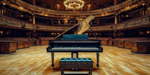  Majestic grand piano in spacious concert hall, glossy black surface reflecting ornate chandelier above, with leather piano bench neatly tucked in front of keys.