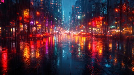 Fototapeta premium Rainy city street, neon lights reflected in wet asphalt.