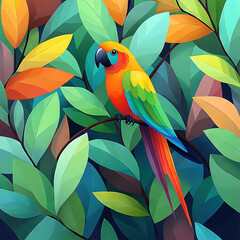 Fototapeta premium A vibrant bird sat on a tree branch with lush green foliage and bright orange-yellow leaves surrounding it