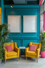 Bright and modern lounge area with yellow chairs and vibrant decor in a contemporary setting