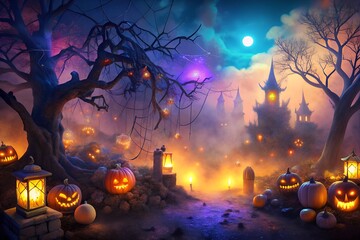 Haunted Halloween scene with glowing jack-o'-lanterns, eerie trees draped in spider webs, and a spooky castle in the distance, illuminated by the full moon in a foggy, mystical atmosphere