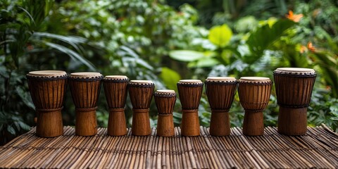 Naklejka premium Row of traditional wooden percussion instruments arranged neatly on weathered bamboo mat, surrounded by tropical greenery and soft ambient lighting.