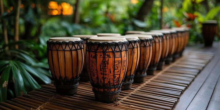  Row of traditional wooden percussion instruments arranged neatly on weathered bamboo mat, surrounded by tropical greenery and soft ambient lighting.