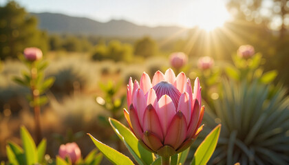 Pink protea flower blooming in golden light.