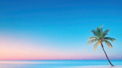 Serene Tropical Beach Scene with Palm Tree and Tranquil Ocean Under Soft Gradient Sky at Sunset