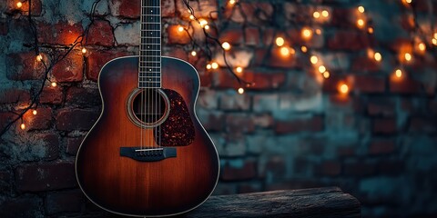Obraz premium Traditional acoustic guitar with worn glossy finish leaning against weathered brick wall, shadows cast dramatically in warm amber glow of string lights overhead.