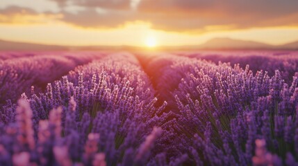Fototapeta premium Blooming lavender field at golden hour, glowing softly
