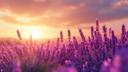 Fototapeta premium Blooming lavender field at golden hour, glowing softly