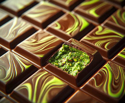 Trozo de chocolate negro Dubai, el chocolate est&aacute; relleno con una capa de relleno de pistacho