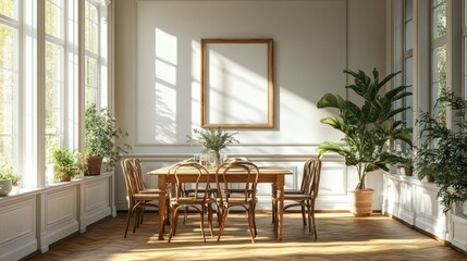 Bright dining room with an empty frame on the buffet