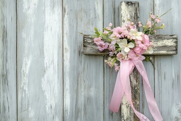 A rustic wooden cross decorated with pastel ribbons and spring flowers
