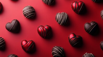 Obraz premium Assorted Chocolate Candies Arranged On Red Background