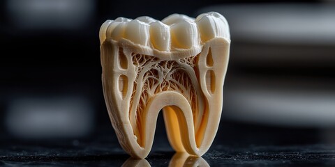  Detailed anatomical tooth model cross-section showing intricate roots and pulp structure against dark background highlights advancements in dental science, education, and oral healthcare.