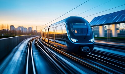 Naklejka premium Modern electric train speeding along elevated tracks at sunset, passing solar panels.