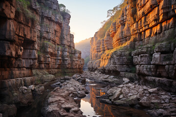 extraordinary landscape is awakened by first light of a sunrise over a gorge, illuminating deep...