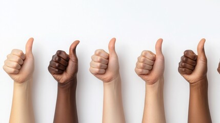 multiple hands of diverse skin tones showing thumbs-up gestures, lined up in a row on a clean white background
