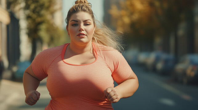 Confident plus-size woman running in the city, promoting fitness and body acceptance