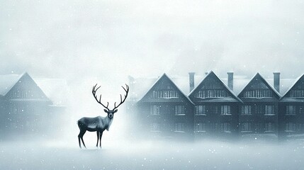 Fototapeta premium A deer standing in front of a row of houses in a foggy area with snow falling on the ground