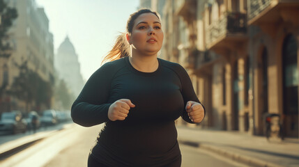 Urban sunrise run: plus-size woman in activewear promoting body positivity and healthy lifestyle
